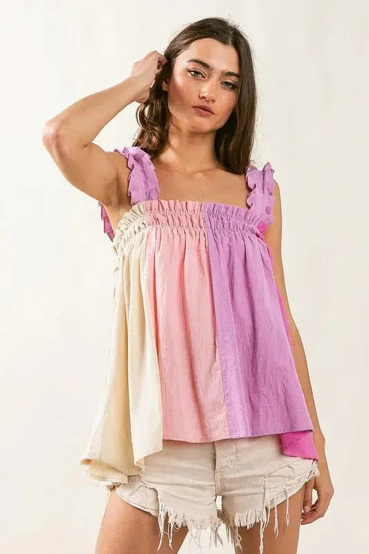 BiBi Frill Shoulder Strap Color Block Bodice Top - Love Salve